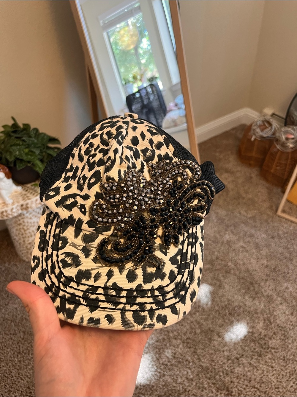 Leopard Print Baseball Cap with Black Beaded Applique
